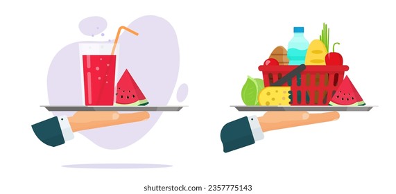 Juice beverage red drink glass on waiter tray hand icon vector isolated clipart image graphic, grocery products basket shop food as healthy nutrition, summer breakfast idea illustration