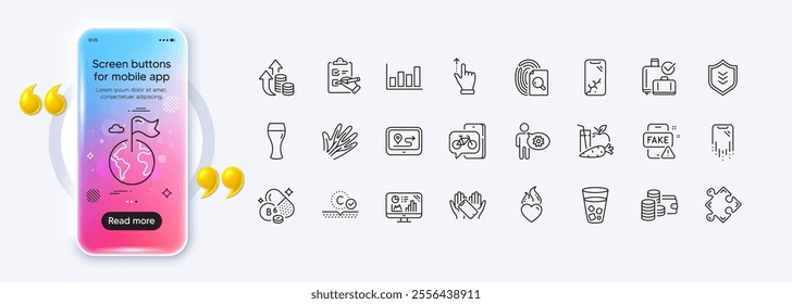 Juice, Bike app and Destination flag line icons for web app. Phone mockup gradient screen. Pack of Report diagram, Gps, Smartphone broken pictogram icons. Vector