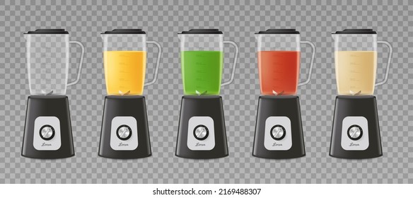 Juice in blender. Blender, set of 3d realistic vector illustrations on a transparent background. Kitchen electric appliance for mixing and juicing fruits. Blender mockup