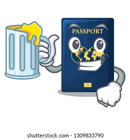 With juice blue passport in the mascot bag