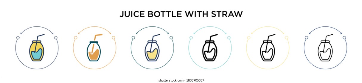 Juice bottle with straw icon in filled, thin line, outline and stroke style. Vector illustration of two colored and black juice bottle with straw vector icons designs can be used for mobile, ui, web