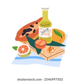 Jugo en botella, frutas tropicales. Refrescante bebida saludable y alimentos vitamínicos naturales. Comida exótica fresca, refresco de verano, limonada. Ilustración vectorial plana aislada sobre fondo blanco