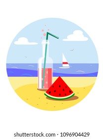 juice in a bottle and watermelon slice on a beach background