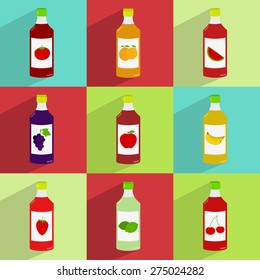 Juice bottles. Nine colorful juice bottles (juices of tomato, orange, watermelon, grape, apple, banana, strawberry, lemon and cherry). Long shadow.