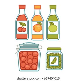 Jugo en botellas y mermeladas en afiche de jarras