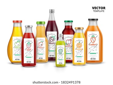 Juice bottles set. Isolated fruit juice glass bottles. Healthy natural drink package with label design. Fresh juice drink vector illustration