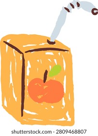 Juice box with bendy straw and apple label, rough hand-drawn strokes and sketchy texture. Symbol of refreshment, snack time, health, and break. Cartoon vector illustration.
