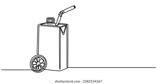Juice Box Continuous Line Illustration, juice pack with straw continuous one line drawing, Pack of juice with straw line. Paper box milk container outline icon isolated on white background. Continuous