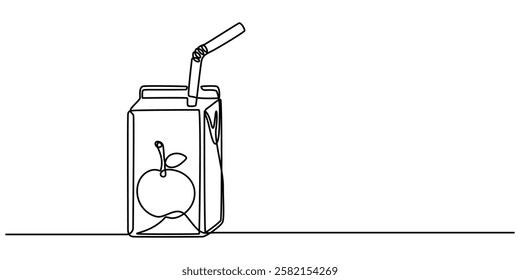 Juice Box Continuous Line Illustration, juice pack with straw continuous one line drawing, Pack of juice with straw line. Paper box milk container outline icon isolated on white background. Continuous