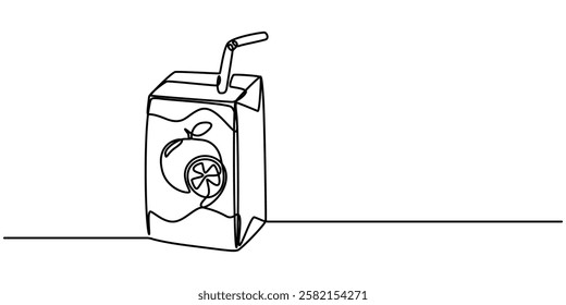Juice Box Continuous Line Illustration, juice pack with straw continuous one line drawing, Pack of juice with straw line. Paper box milk container outline icon isolated on white background. Continuous