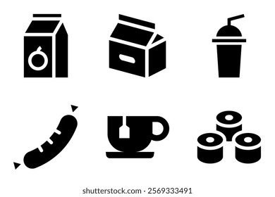 juice box, milk carton, milkshake, sausage, tea cup and sushi roll icon vector template. 