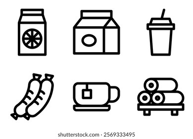 juice box, milk carton, milkshake, sausage, tea cup and sushi roll icon vector template. 