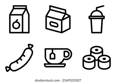 juice box, milk carton, milkshake, sausage, tea cup and sushi roll icon vector template. 