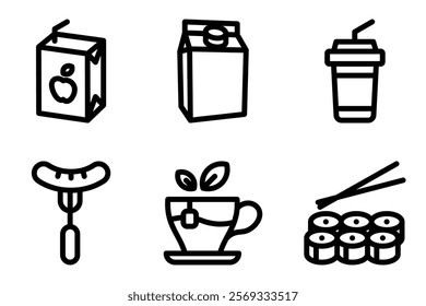 juice box, milk carton, milkshake, sausage, tea cup and sushi roll icon vector template. 