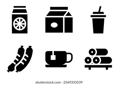 juice box, milk carton, milkshake, sausage, tea cup and sushi roll icon vector template. 