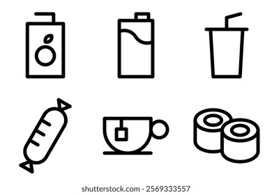 juice box, milk carton, milkshake, sausage, tea cup and sushi roll icon vector template. 