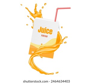 Juice box with straw in orange liquid whirl realistic vector illustration. Drinking organic beverage form carton pack 3d objects on white background