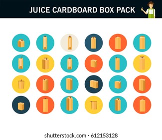 Juice Cardboard Box Pack concept flat icons. 