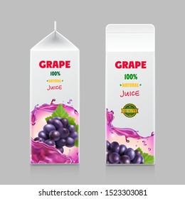 Juice carton box in drink 3d pack with red grape branch isolated realistic vector illustration.