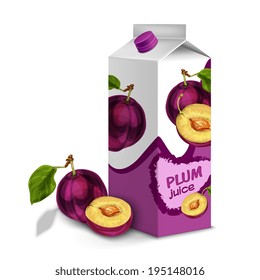 Juice carton box pack 3d with whole and cut plum isolated vector illustration