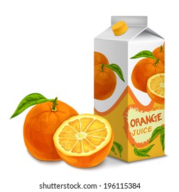 Juice carton cardboard box pack 3d with cut sweet orange isolated vector illustration svg