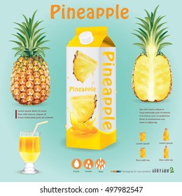 Juice carton cardboard box pack 3d with sliced sweet pineapple isolated vector illustration