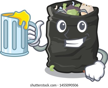 With juice cartoon garbage bag next to table