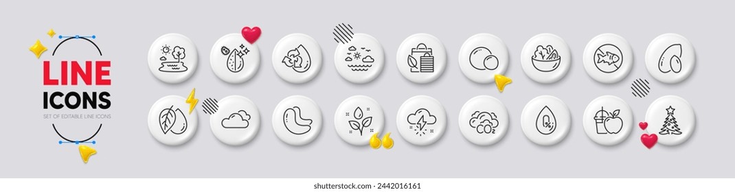 Juice, Cashew nut and Christmas tree line icons. White buttons 3d icons. Pack of Peas, Travel sea, Mineral oil icon. Salad, Bio shopping, No alcohol pictogram. Peanut, Stop fishing, Co2. Vector