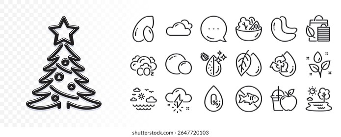 Iconos de la línea del zumo, de la nuez de anacardo y del árbol de navidad para el App del Web. Resplandor de efecto de luz. Icono de mensaje. Paquete de guisantes, mar de viaje, iconos de pictogramas de aceite mineral. Ensalada, compras Bio, sin carteles de alcohol. Vector