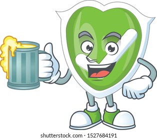 With juice checkmark shield with cartoon character shape.