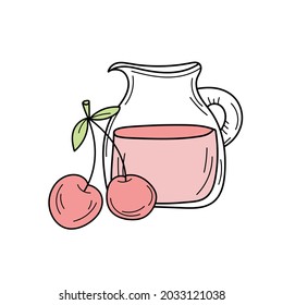Juice with cherry in a glass jug, vector cartoon card with fresh berries isolated on white. Cherry lemonade in glass jug
