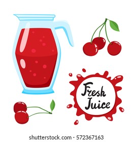 Juice with cherry in a glass jug, vector cartoon card with fresh berries and smothie isolated on white. Red juice splashes drops.