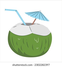 Saft aus Kokosnuss mit Trinkstrohdekoration. Grüne Kokosnüsse mit Stroh trinken. Cocktailsymbol von Kokosnuss. Flaches Logotype-Template mit Cocktail. Kokosnuss mit Getränkebildern für Menü, Web.