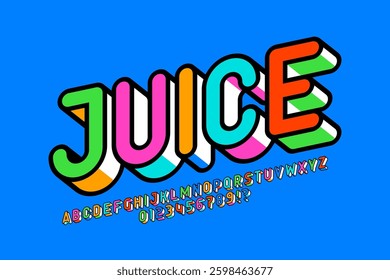 Juice. Colorful 3d style font design, alphabet letters and numbers vector illustration