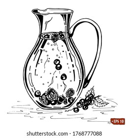Juice compote with berries in a glass jug. Hand drawn vector illustrations of smoothie with currant and bunch of berries on white background. Seasonal summer drink sketch. For logo, menu, food banner.