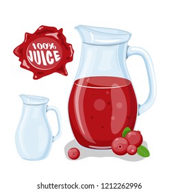 Juice with cranberry in a glass jug, vector cartoon card with fresh berries and smothie isolated on white. Red juice splashes drops. Healthy organic fruit drink, cocktail, lemonade for healthy life, 