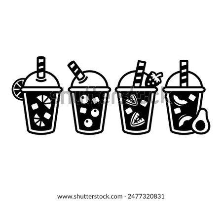 juice cup fruit drink beverage icons symbol vector black white color illustration sets