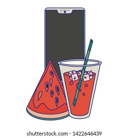 Juice cup and watermelon and smartphone cartoon vector illustration graphic design