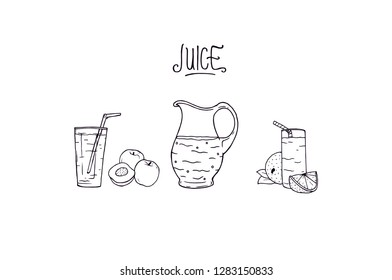 Juice cups black outline illustration set with text letters. Juice drinks and fruits in a cups with straw outline set simple shape silhouette design. Restaurant menu catalog detail commercial print.