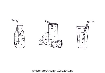 Juice cups outline set illustration simple vector. Freehand drawing sketch with different but similar juice fruit cups with straw. Restaurant catalog menu design drawing. Healthy fruit drinks set.
