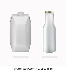 Juice and dairy product package mock up set, vector isolated illustration. Realistic white blank plastic bottle and carton pack for milk, yogurt, fruit and vegetable juice etc.