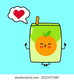 Suco fazendo ioga com balão de fala. Ícone de ilustração de personagem kawaii desenhado à mão vetor. Isolado no fundo azul. Suco de laranja no conceito de caráter de amor