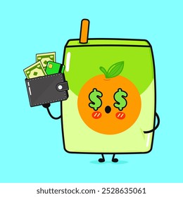 Juice Dollar, Wallet, Money character. Vector hand drawn cartoon kawaii character illustration icon. Isolated on blue background. Orange juice character concept