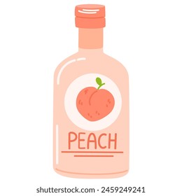 Juice drink in glass bottle. Cold fruit lemonade, summer refreshment. Fresh peach flavored beverage, sweet juicy natural cocktail. Flat vector illustration isolated