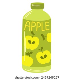Juice drink in glass bottle. Cold fruit lemonade, summer refreshment. Fresh apple flavored beverage, sweet juicy natural cocktail. Flat vector illustration isolated