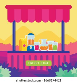 Juice and Drink Kiosk, with bright pink, yellow and purple theme, decorated with green grass