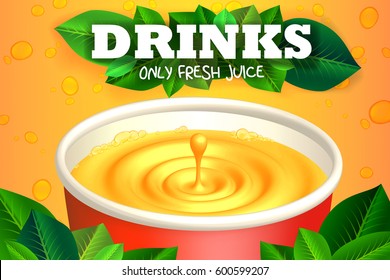 Juice drink promo poster. Liquid splash with drop menu illustration. 3D vector fruit fresh flier. Summer soft drinks label for ads
