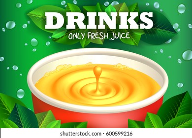 Juice drink promo poster. Liquid splash with drop menu illustration. 3D vector fruit fresh flier. Summer soft drinks label for ads