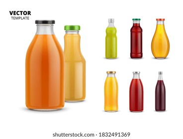 Juice drink set. Isolated carrot, peach fruit juice glass bottles icons. Healthy natural drink package with label design collection. Fresh juice container vector illustration