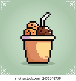 Bebida de jugo con helado de relleno en arte de píxeles de 8 bits. Bebida en ilustraciones vectoriales para el activo del juego